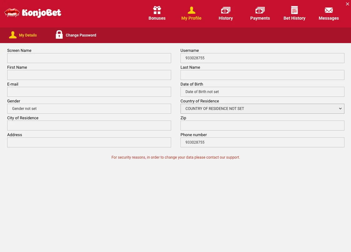 Konjo Bet My Profile account details form
