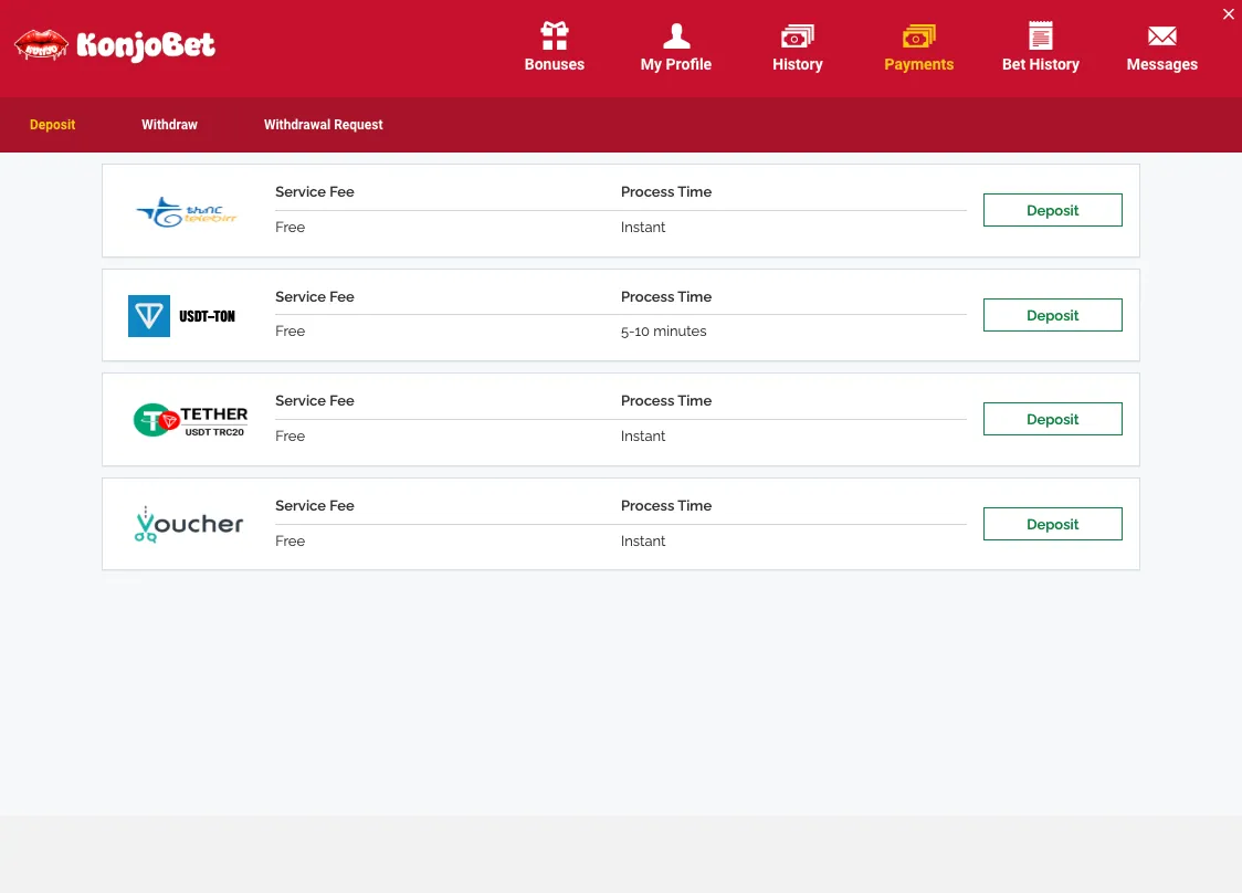 Konjo Bet deposit method list