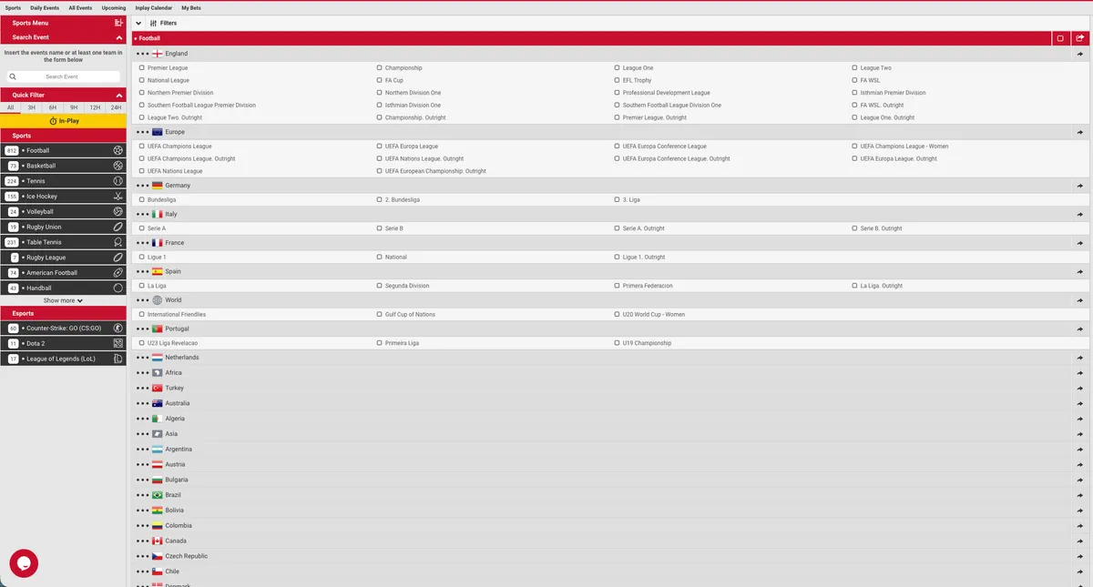 Konjo Bet All Events page listing football leagues by country
