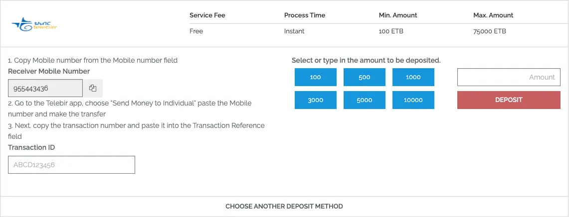 Konjo Bet Telebirr deposit form